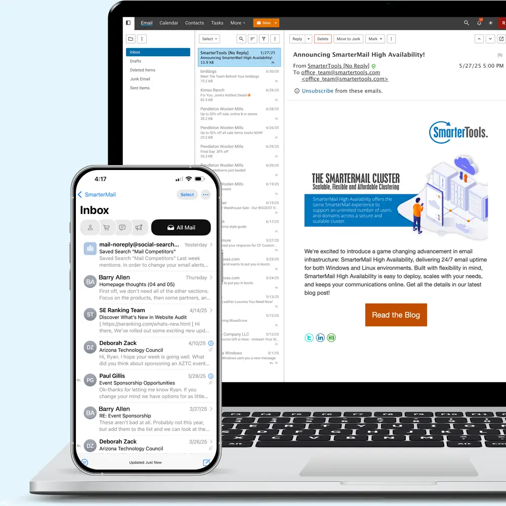 SmarterMail webmail dashboard on laptop and phone